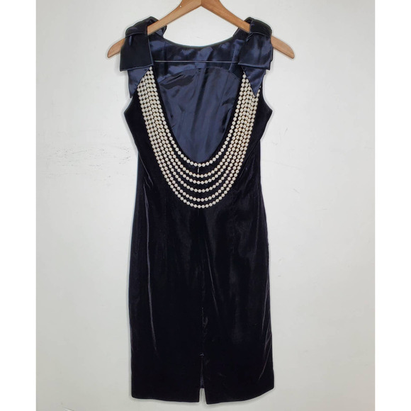 Vintage Cache Black Velvet Evening Dress Pearl Strand Back Satin Bow, sz 4 - Picture 2 of 8